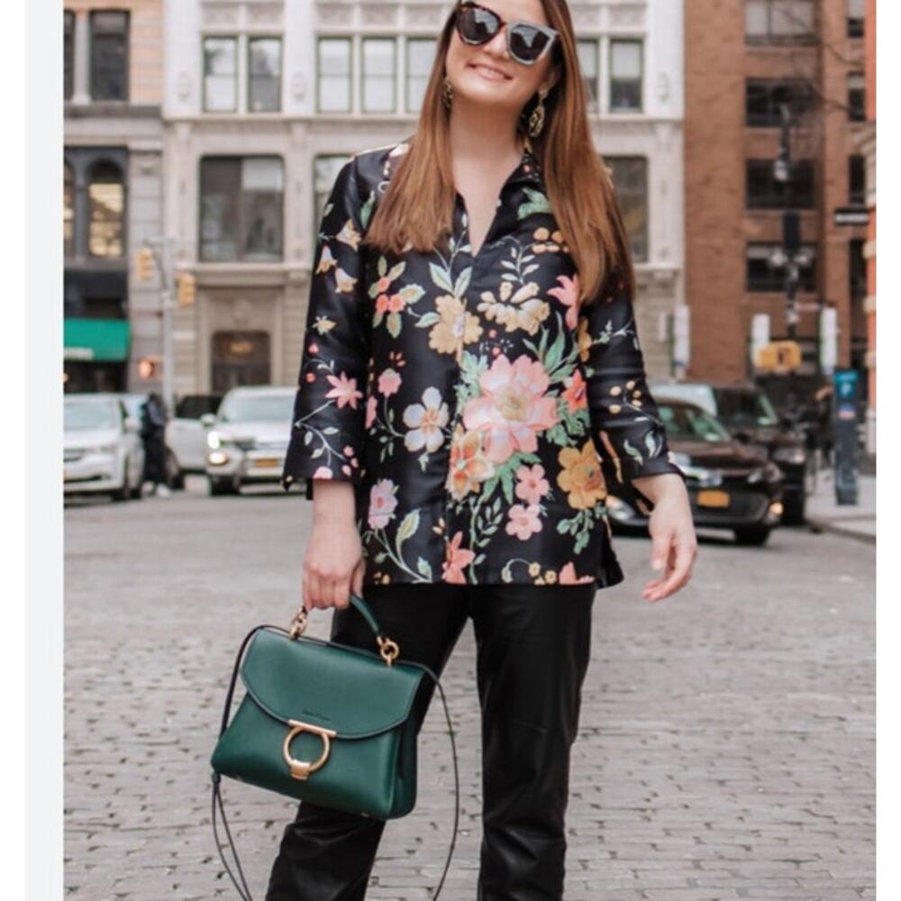 Tuckernuck Floral Tunic Top XS Black Pink Yellow 3/4 Sleeve Satin Blouse